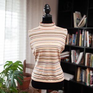 Vintage  90s Minimalist Striped Butter Yellow Brown Mock Neck Tank Top L Y2K